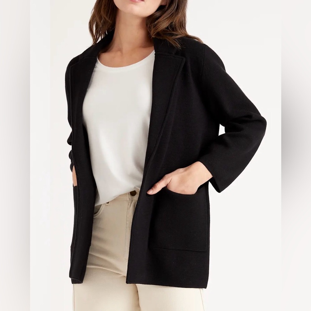 Quince 100% Organic Cotton Knit Blazer Black Open Front
